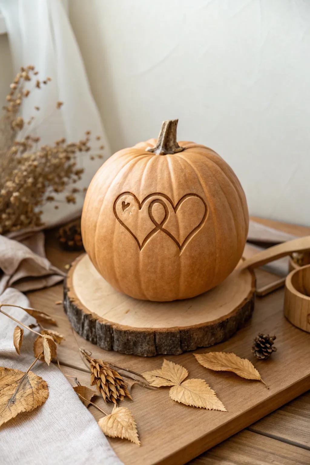 Celebrate love with a touch of artistry: Interlocking hearts carved into a pumpkin, the perfect symbol of togetherness.