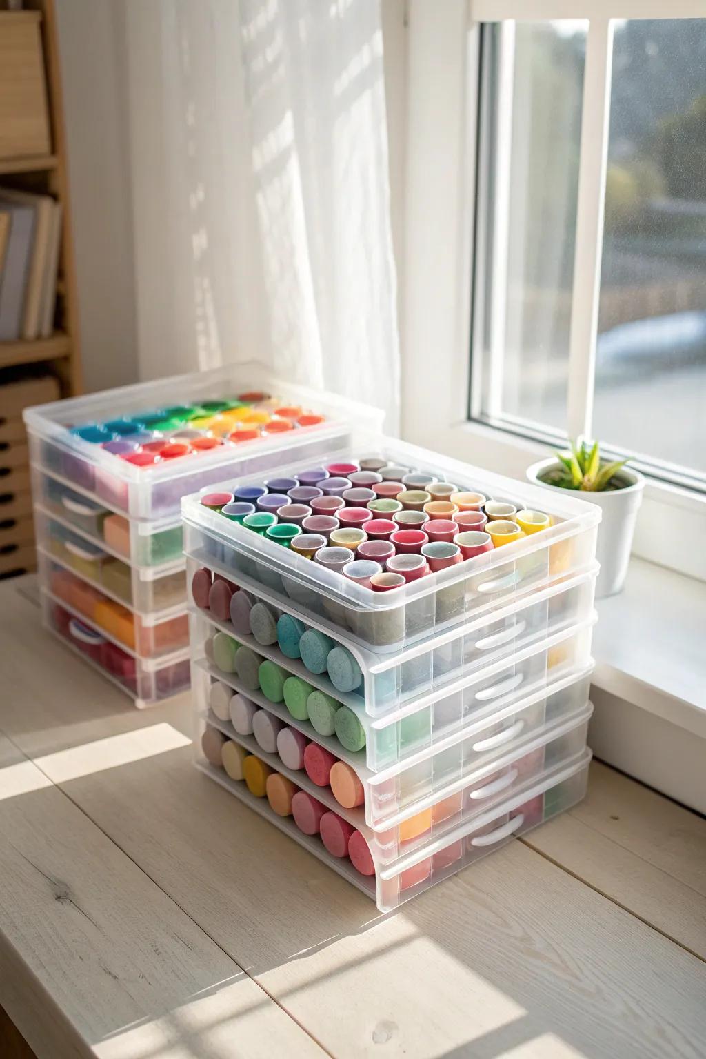 Effortlessly organized and beautifully vibrant, these transparent bins make crafting a joy! 🌿🎨 #CraftStorage #ScandinavianStyle #BohoChic