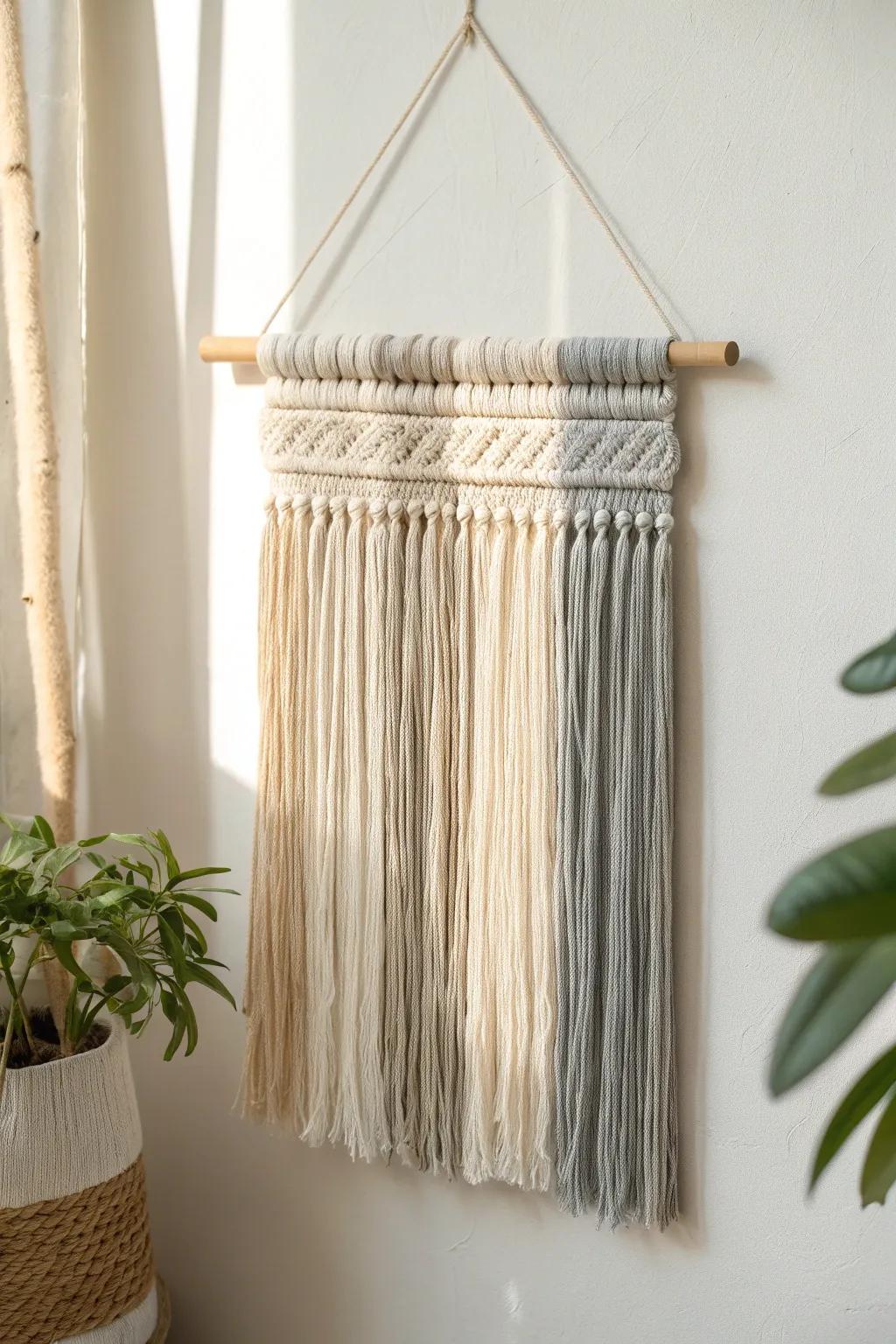 Elevate your space with the simplicity and charm of a handcrafted yarn wall hanging.