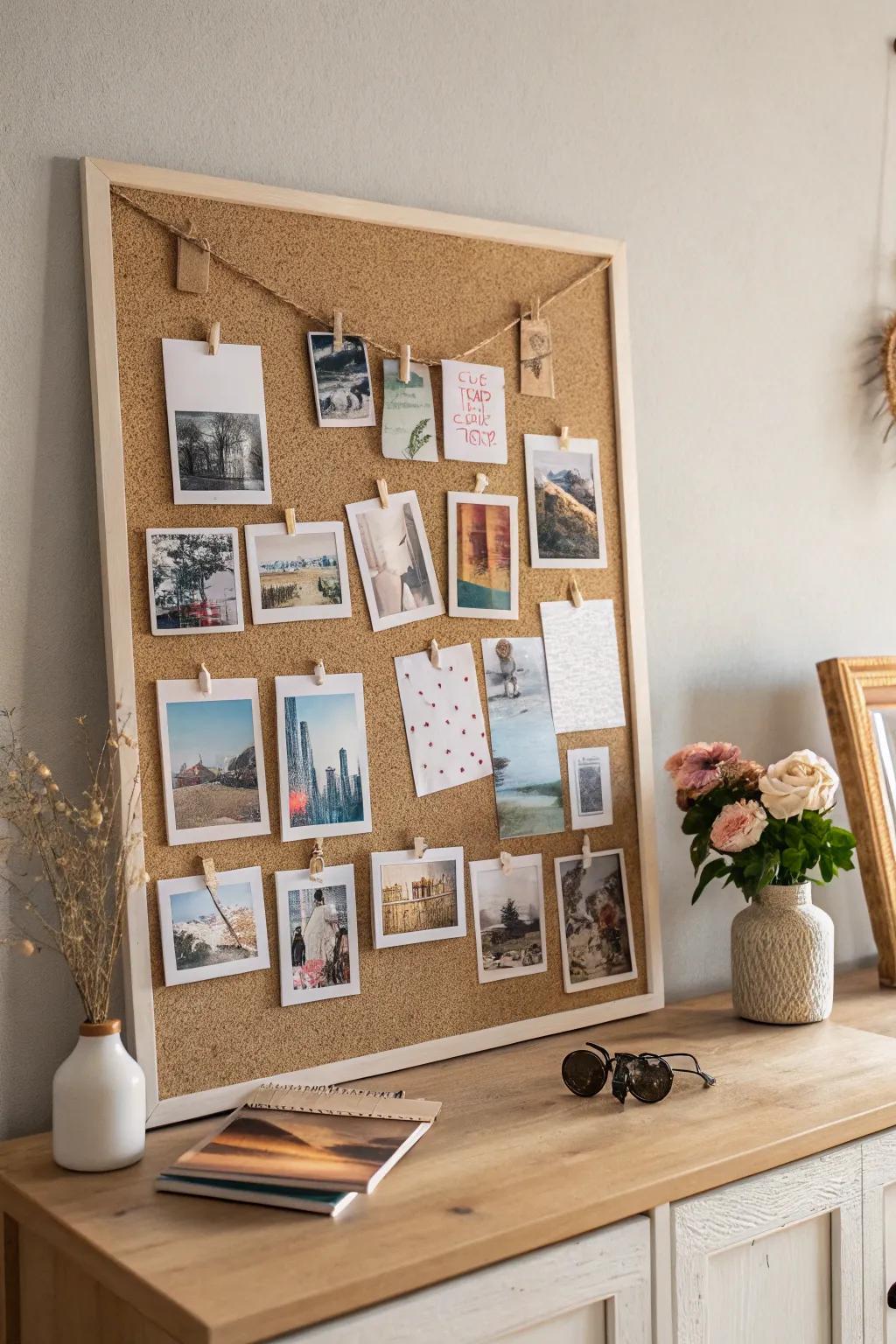Elevate your memories with a chic corkboard display – a perfect blend of minimalism and personal flair!