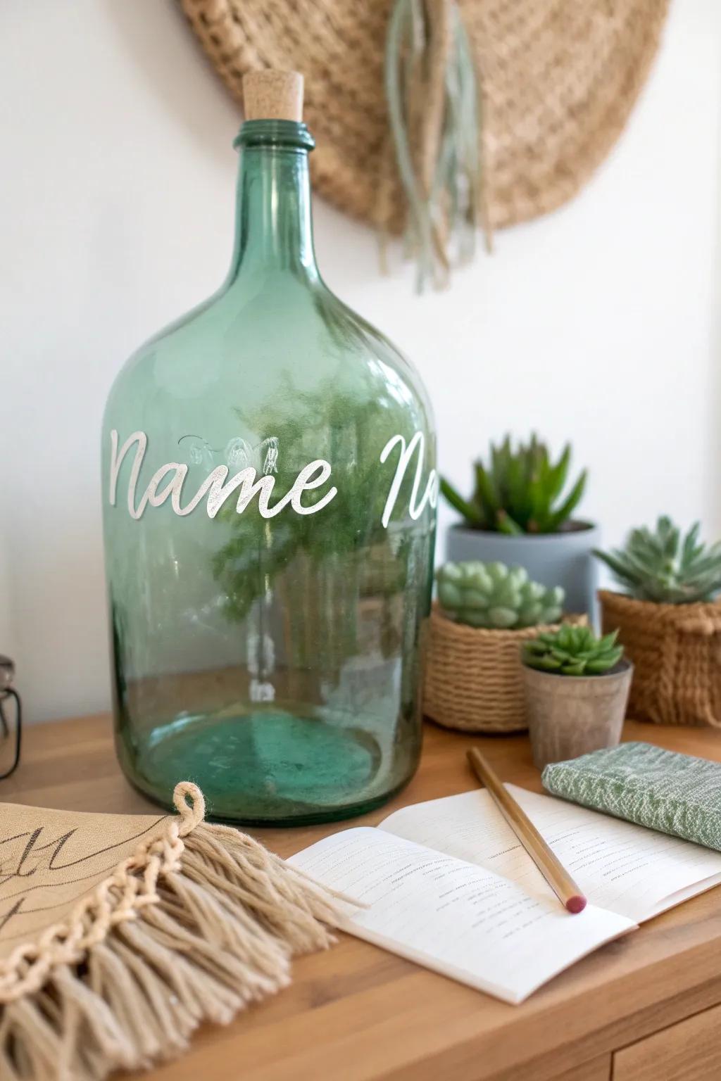 Add a touch of personalized elegance to your space with handcrafted bottle nameplates.
