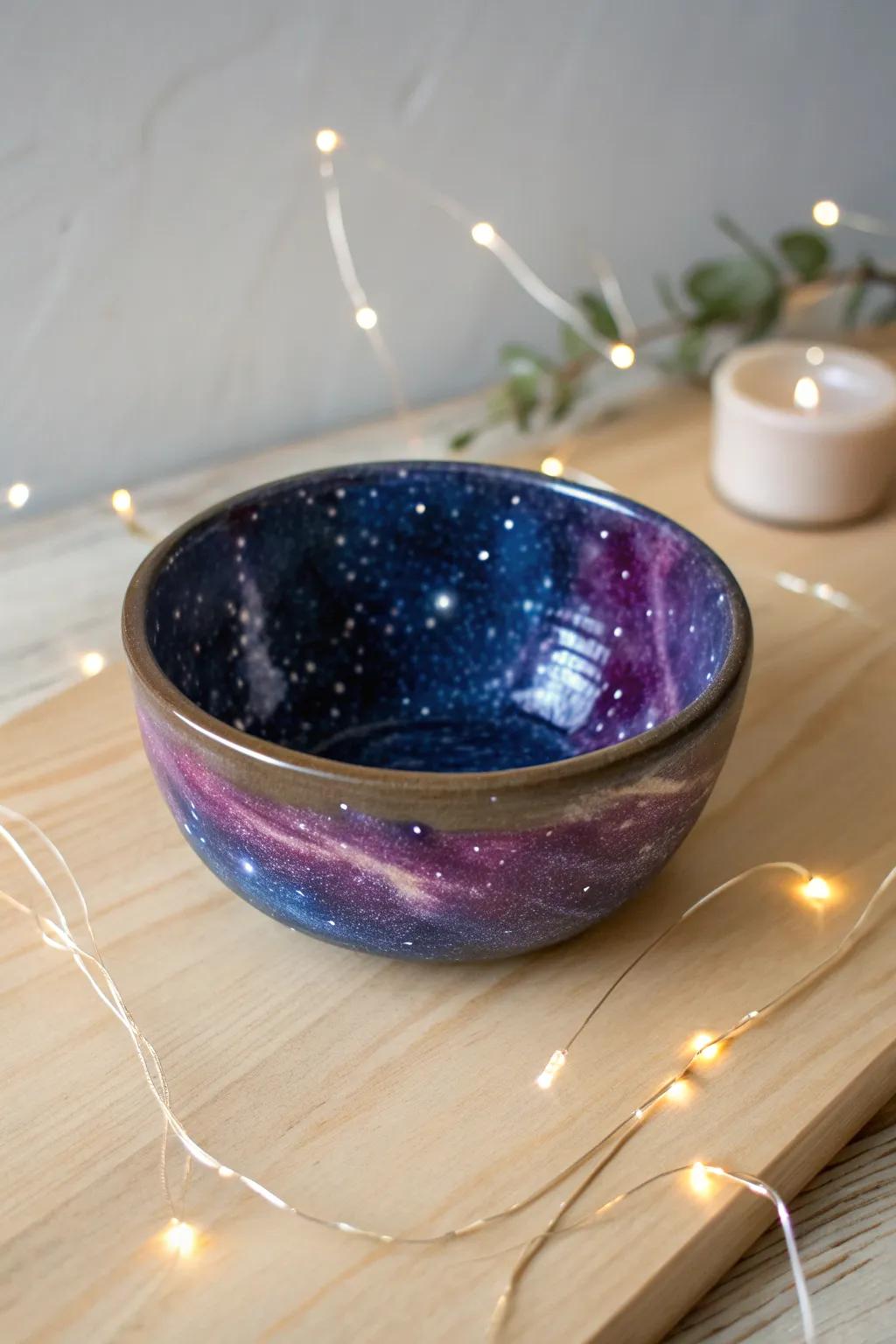 Bring the cosmos to your home with this enchanting galaxy-glazed pinch pot, perfect for adding a touch of magic to any minimalist space.