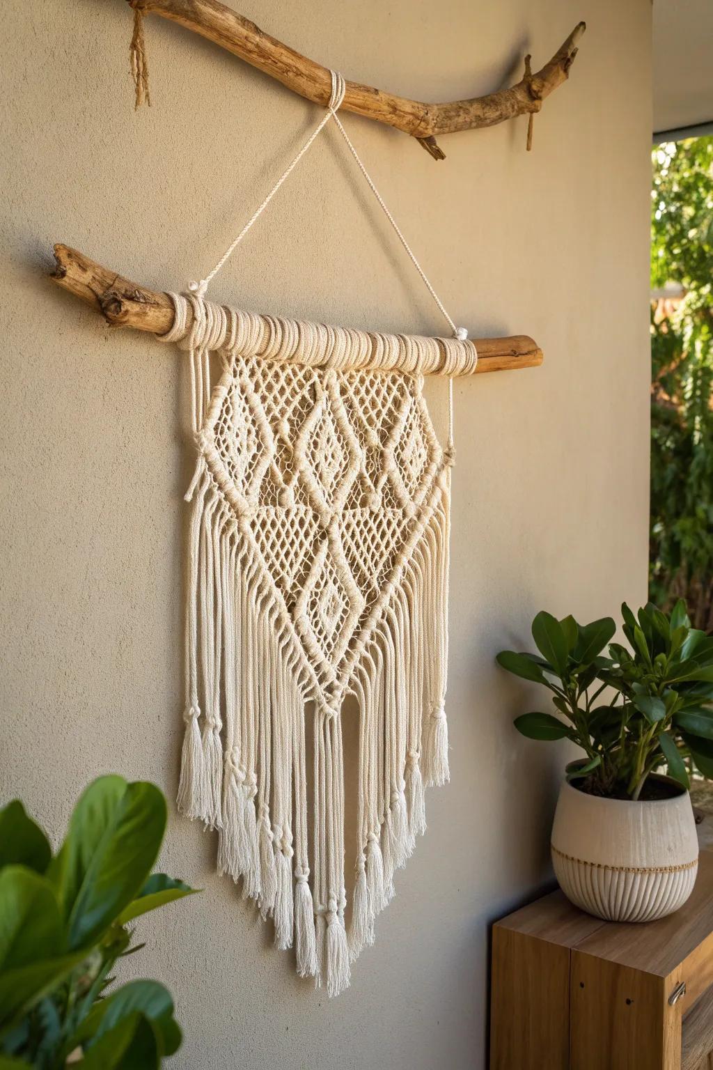 Elevate your deck with handcrafted elegance: a driftwood and macramé masterpiece.