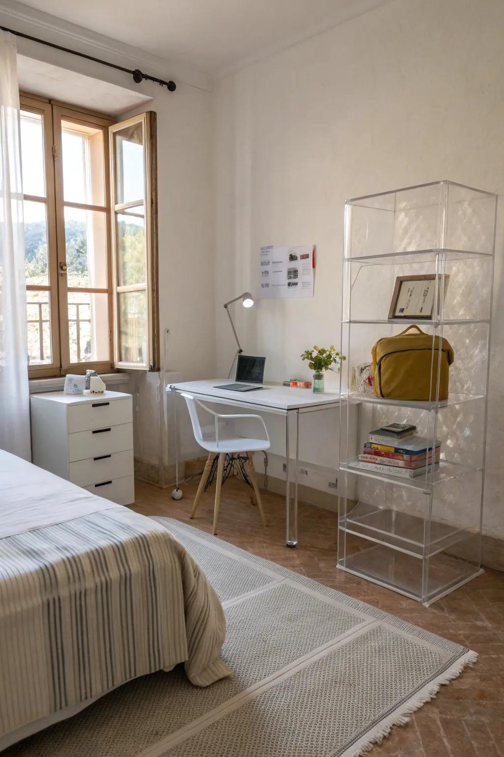 Transparent furniture keeps a small bedroom feeling open and airy.