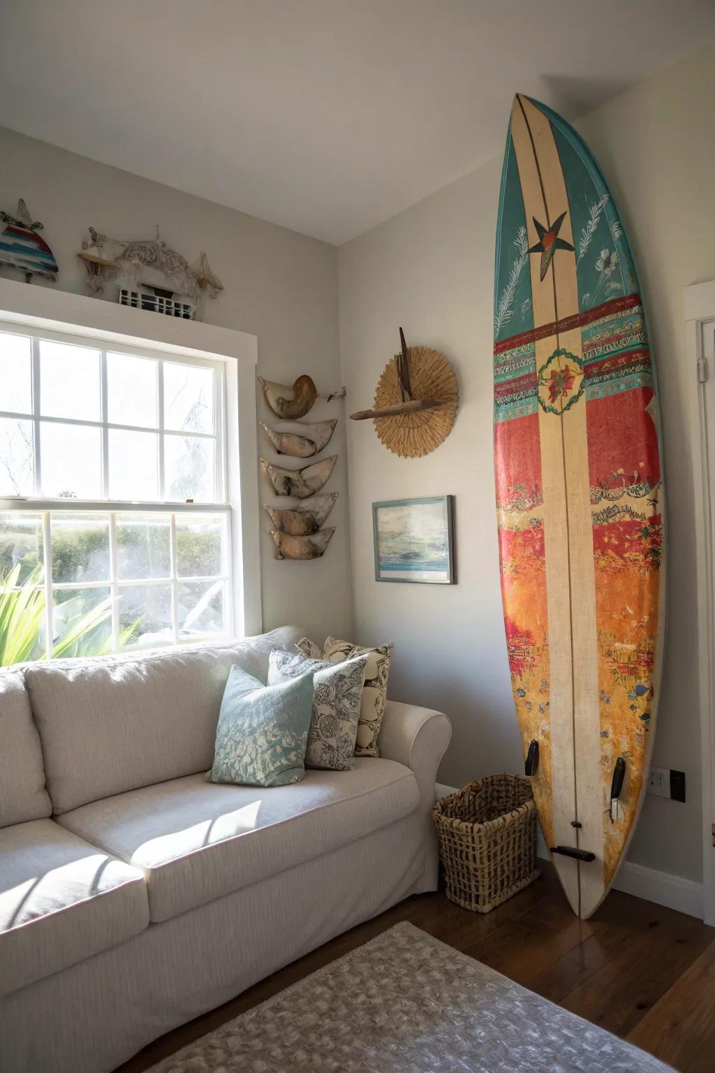 Unexpected items like surfboards as unique decor pieces.
