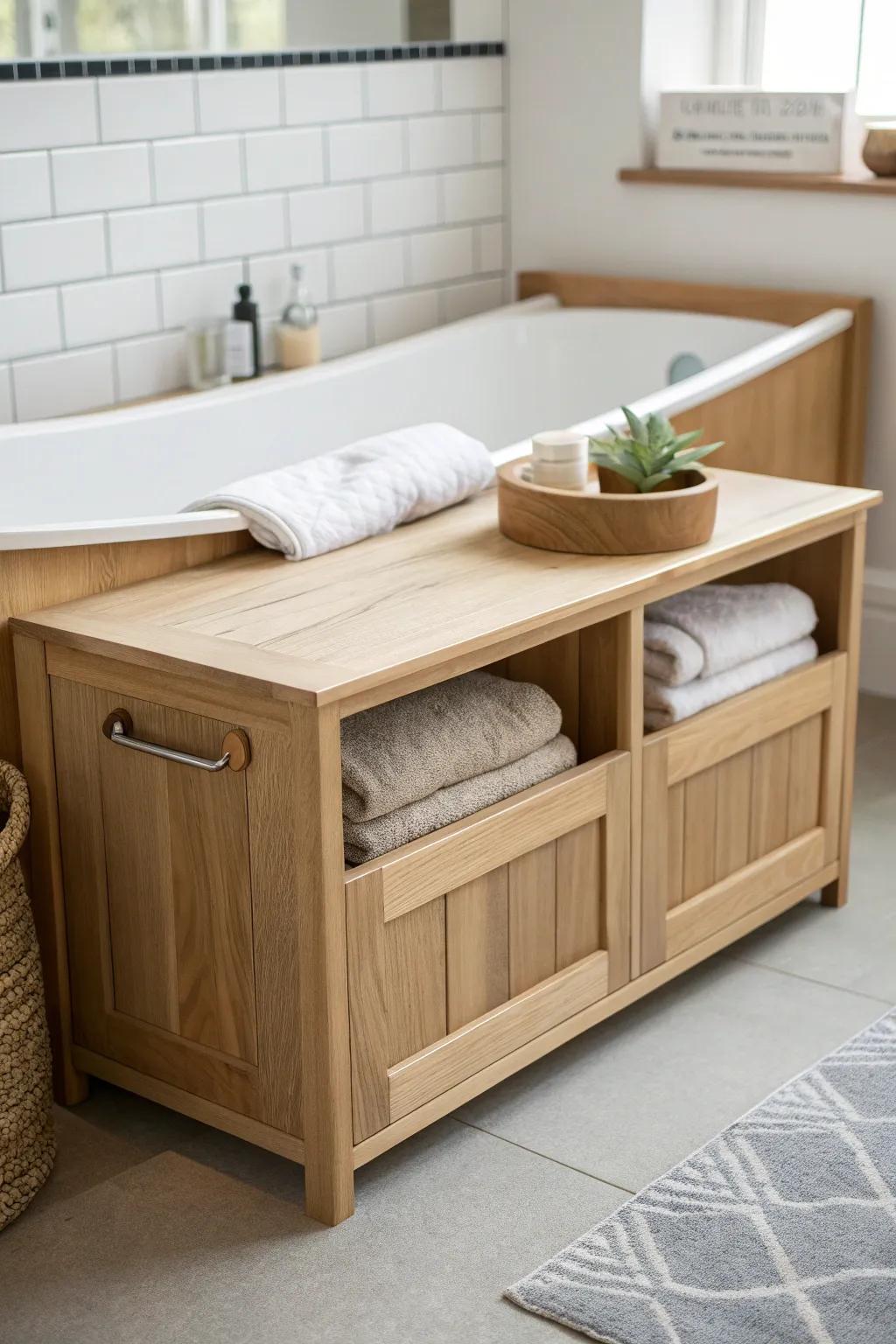 Transform your bathroom with this elegant DIY storage bench—perfect for a stylish and practical touch!