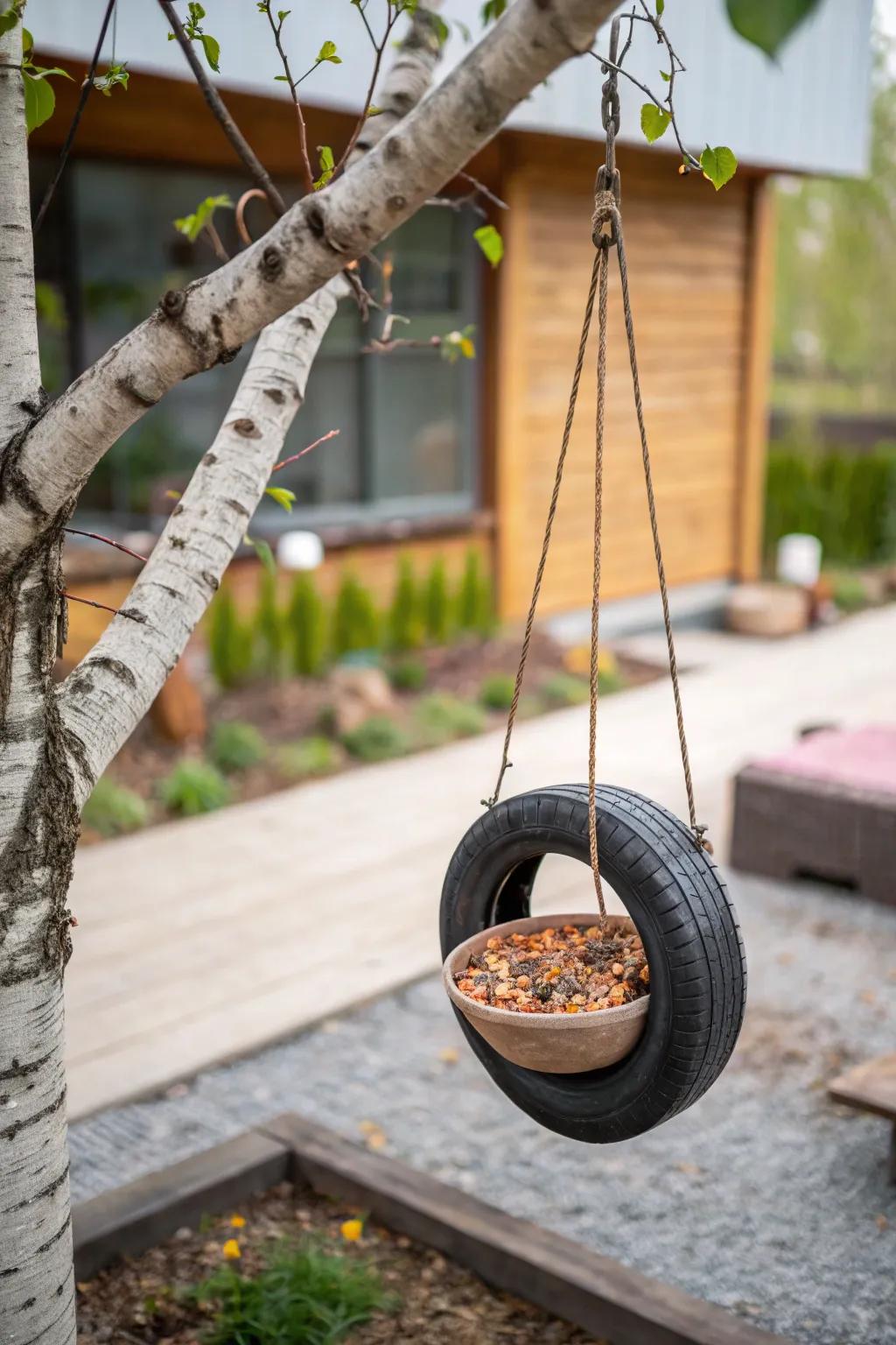 Elevate your garden's charm with a playful tire swing bird feeder, blending minimalist elegance with boho flair.