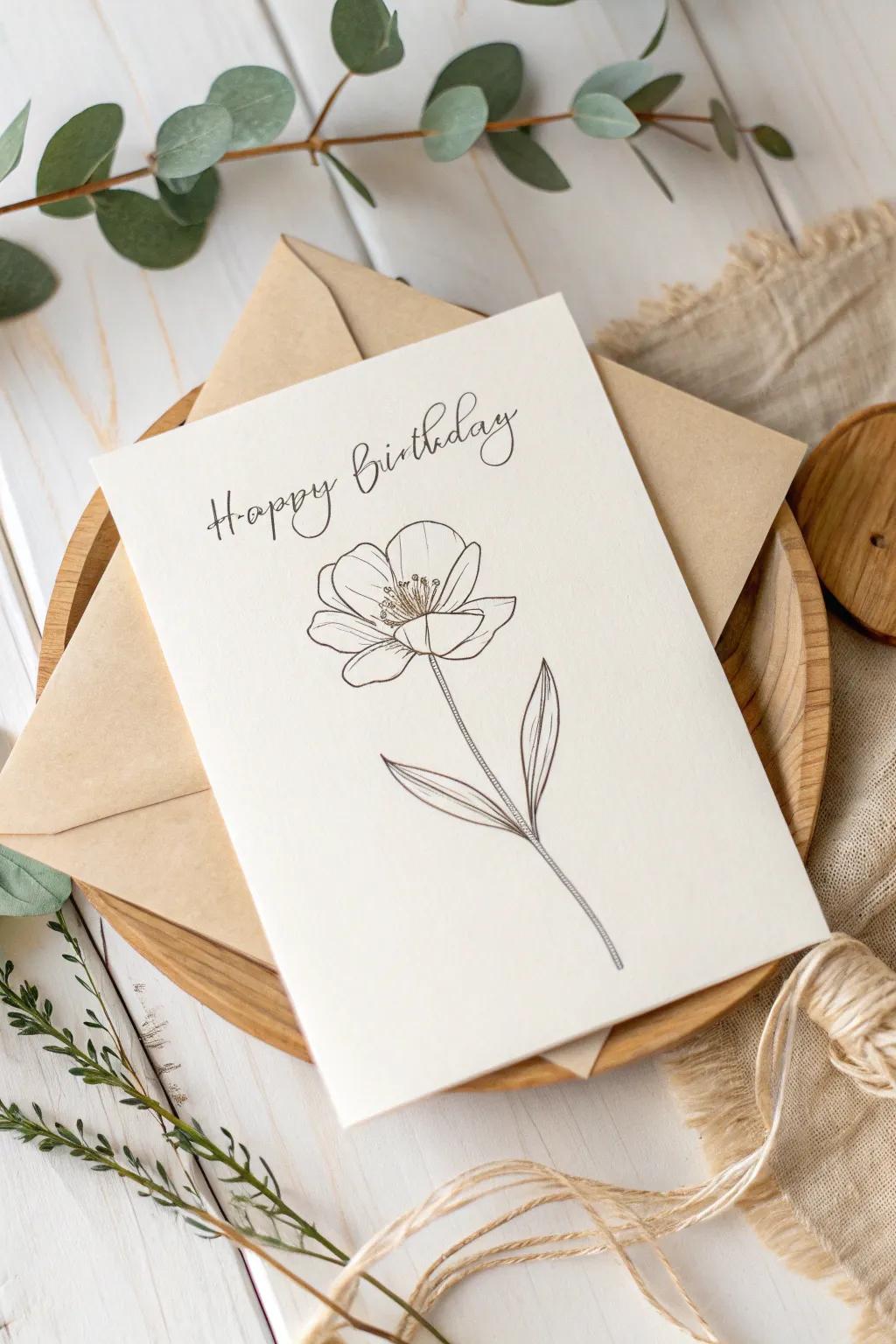 Elegance in simplicity: A minimalist birthday card with a single line floral drawing, perfect for the modern aesthete.