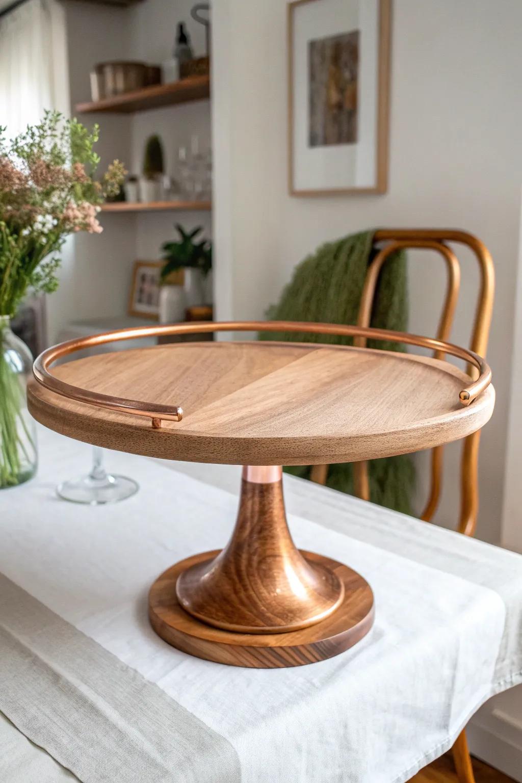 Elevate your treats with a touch of rustic elegance—copper and wood unite in perfect harmony.