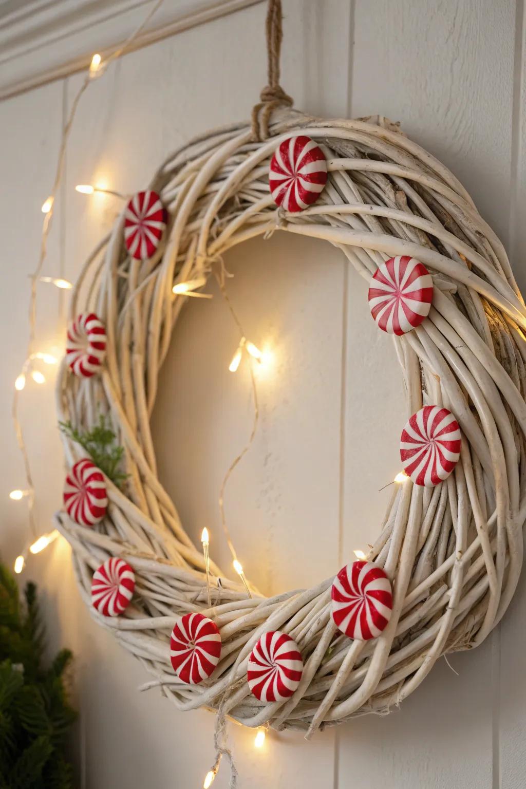 Indulge in the sweetness of the season with this charming candy cane and peppermint wreath!