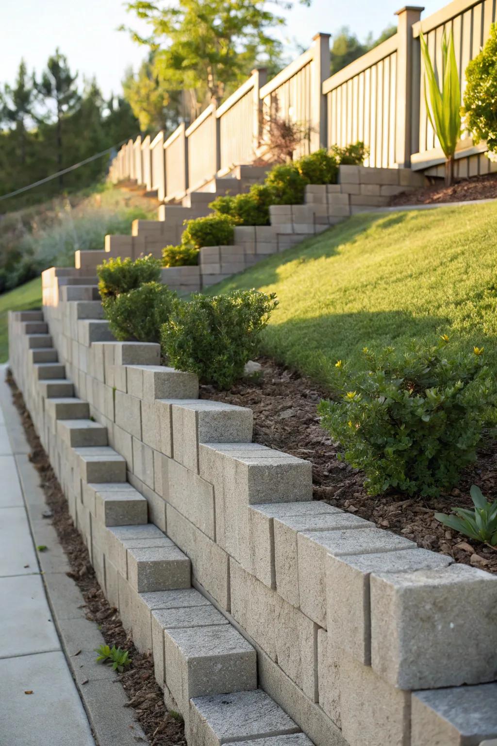 Elevate your outdoor space with a sleek, stepped cinder block fence—perfect for handling tricky slopes with style.