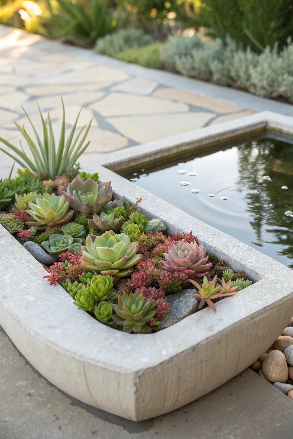 Embrace serenity with a minimalist succulent pond—where water meets desert elegance.