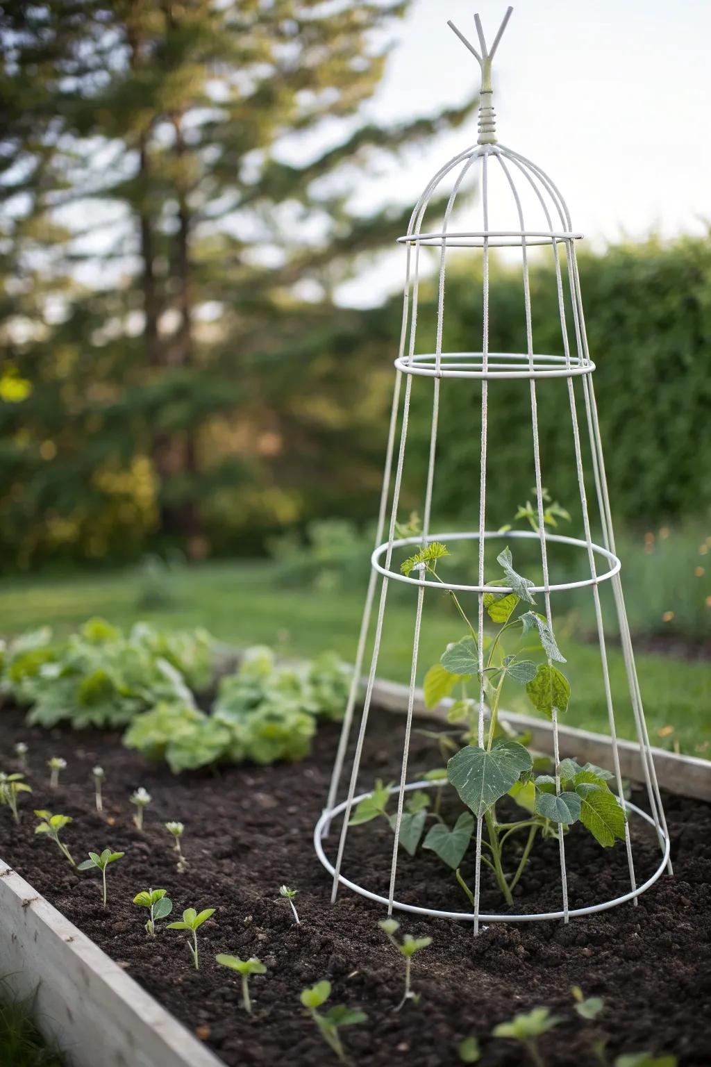 Transform your garden with a chic, minimalist cucumber trellis using an upside-down wire tomato cage. Embrace simplicity and style!