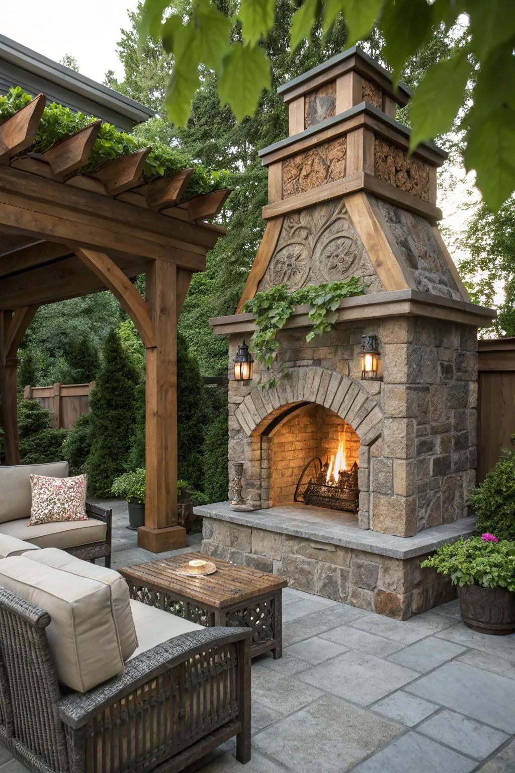 Transform your patio into a cozy retreat with a stunning faux fireplace centerpiece.