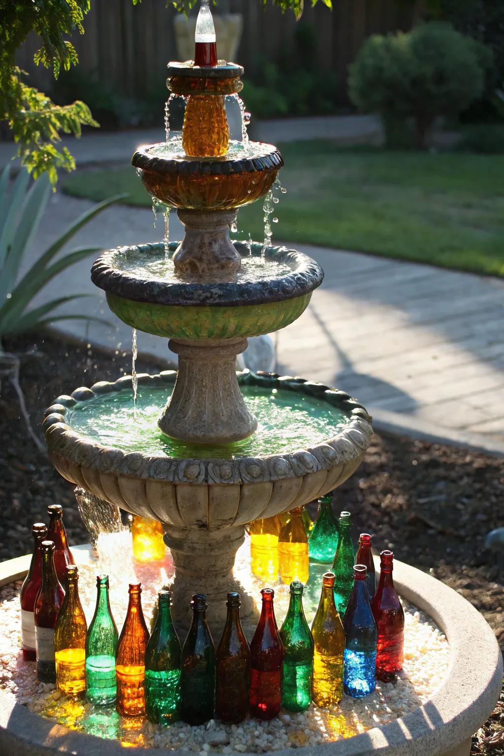 Transform everyday glass bottles into a stunning spectacle of light and water with this DIY fountain masterpiece.
