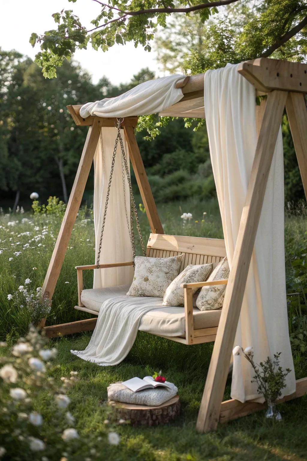 Find your serene escape with this minimalist swing seat shade—perfect for tranquil afternoons in the garden.
