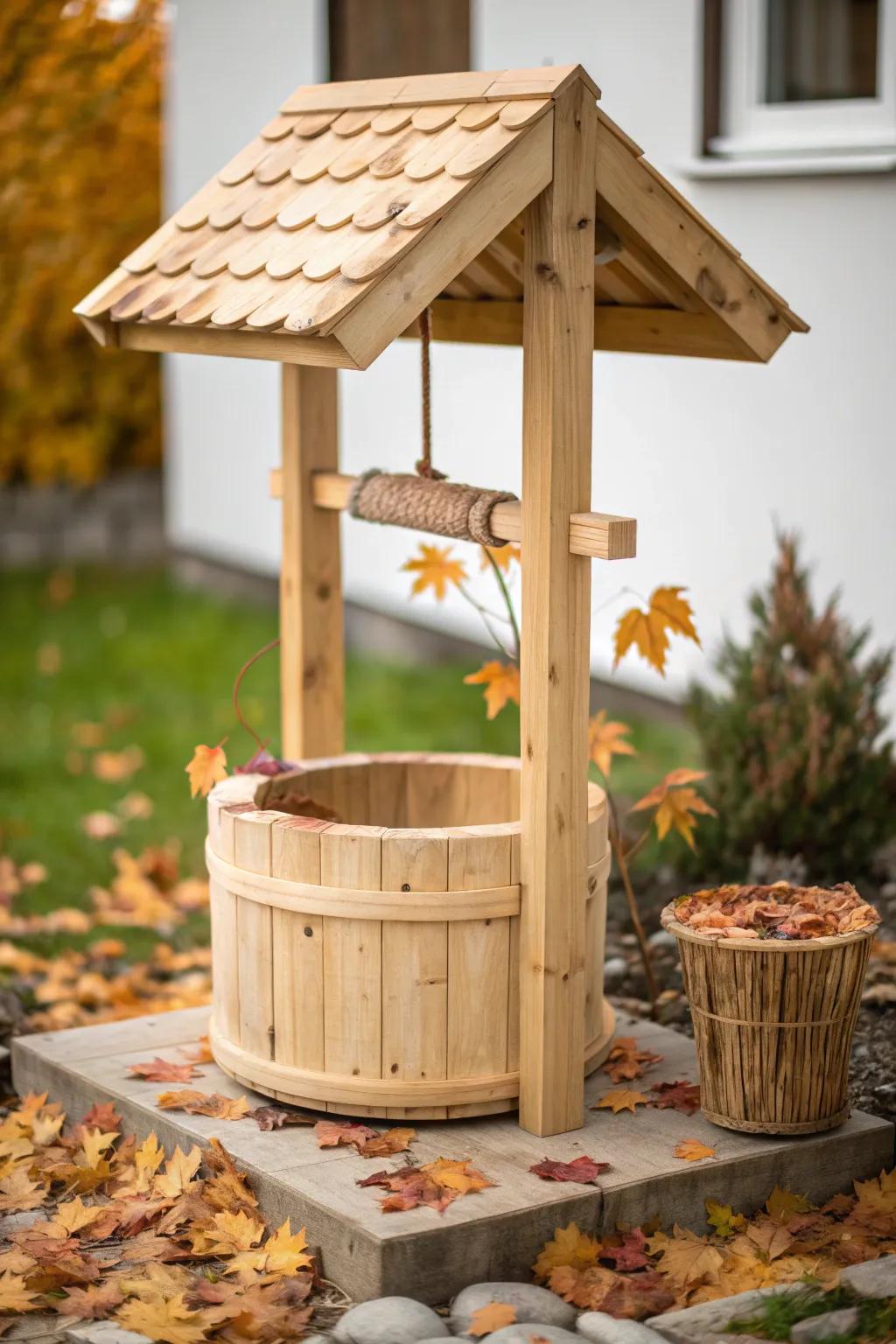 Transform your garden with a charming wishing well, accented by the vibrant hues of autumn. 🍂✨