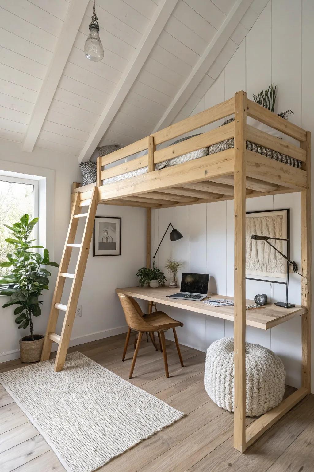 Elevate your small space with a sky-high loft bed, where style meets functionality. #LoftLiving #ScandiBoho