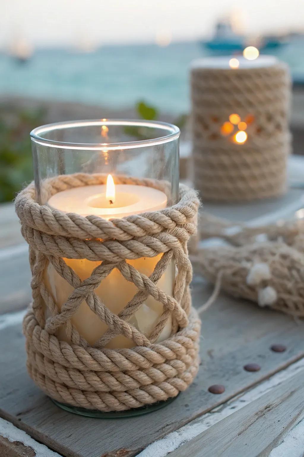 Transform your space with handcrafted rope candle holders for a touch of coastal serenity.