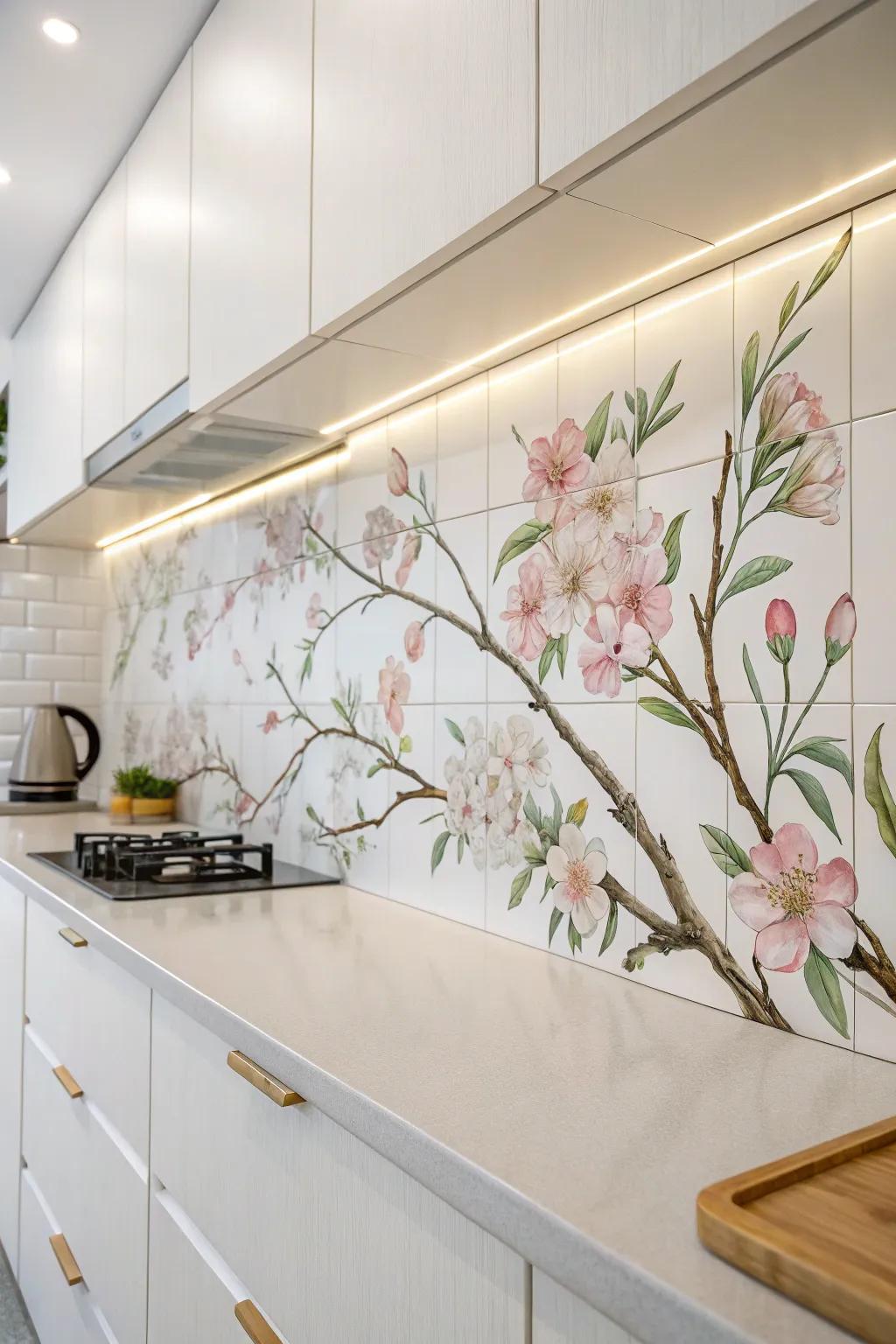 Transform your kitchen into a year-round spring garden with a hand-painted floral backsplash. Embrace the beauty of simplicity and craftsmanship!