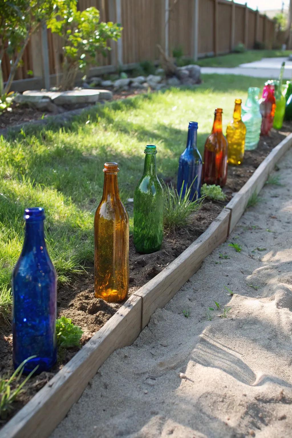 Transform your garden with whimsical bottle borders that dance with light and color. 🌿✨ #EcoFriendlyDesign #ScandinavianStyle #BohoChic