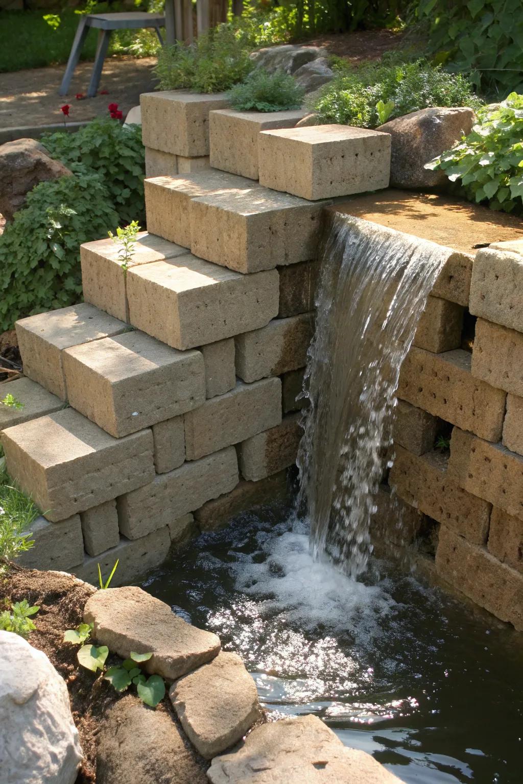 Transform your outdoor space with a handcrafted concrete block waterfall, where strength meets serenity.
