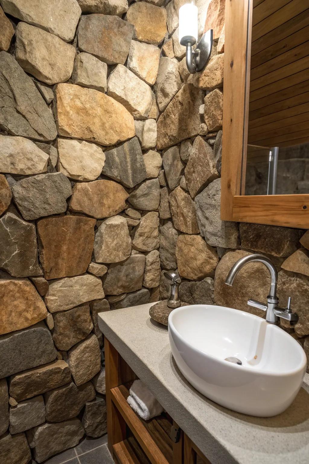 Bring the outdoors in with a stunning stone accent wall that adds texture and timeless elegance to your bathroom.