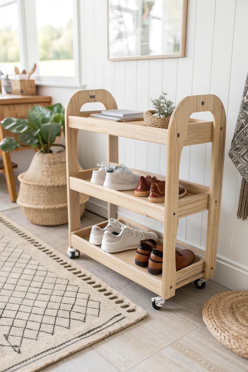 Effortlessly stylish and practical: a rolling shoe cart that brings Scandinavian elegance with a Boho twist to your home.