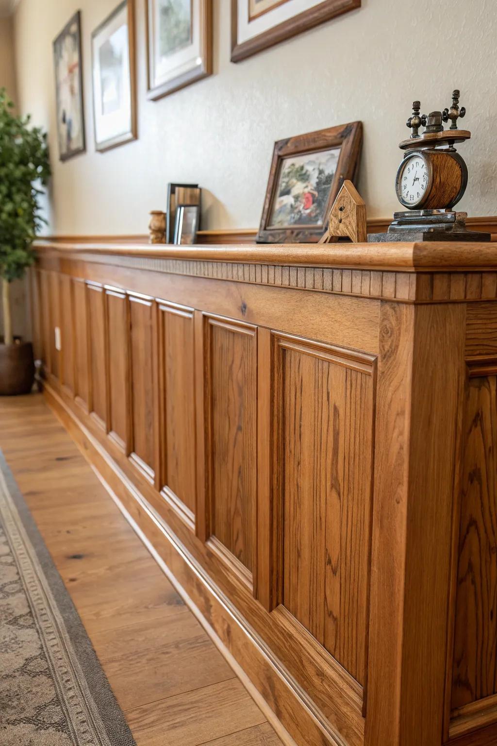 Elevate your space with warm wood accents—where craftsmanship meets style. #DIYWainscoting