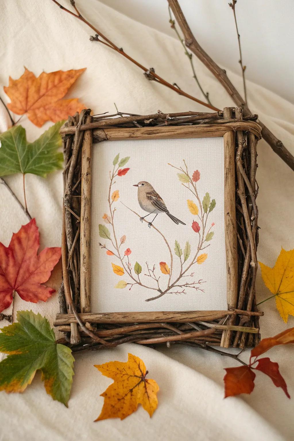 Elevate your art with nature's embrace: a rustic twig and leaf frame for a touch of organic elegance.