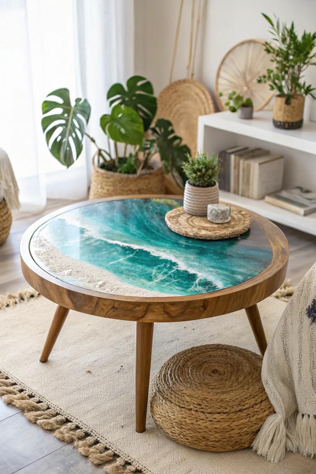 Discover the artistry of layered landscapes with this stunning epoxy coffee table, where simplicity meets natural elegance.