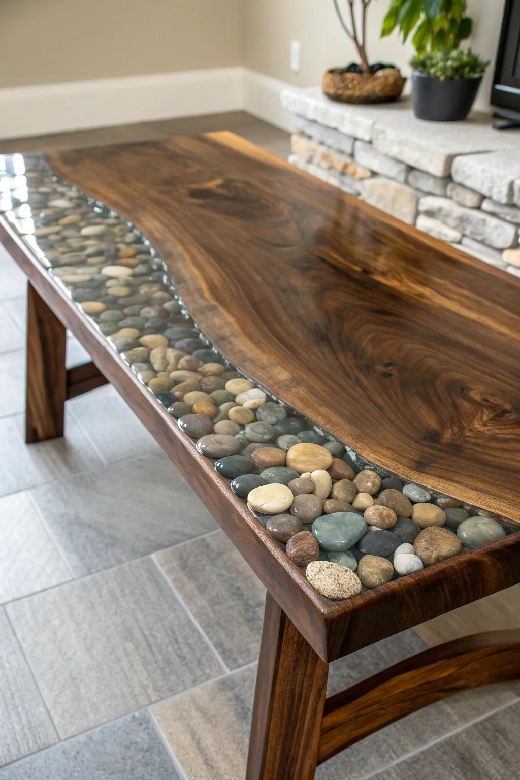 Experience the rustic elegance of nature with this exquisite wood and stone epoxy table.