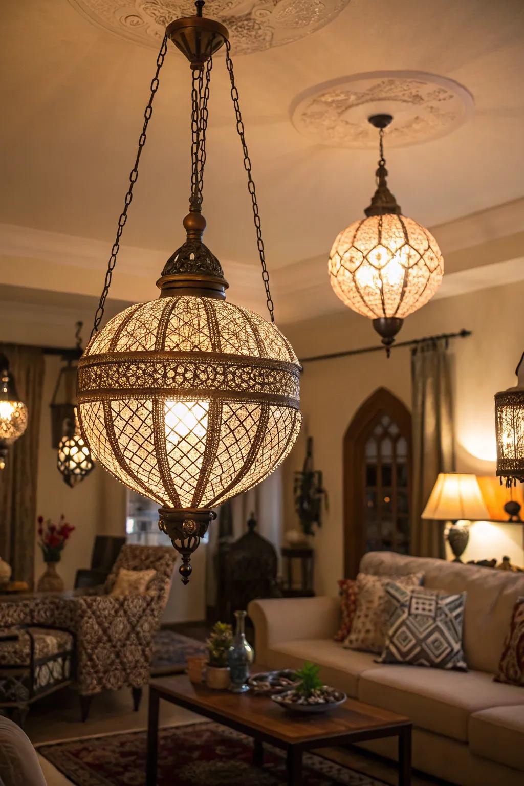 Intricate lighting fixtures enhance the charm of this European-style living room.