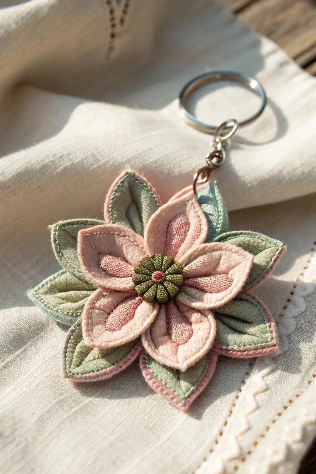Add a touch of elegance to your everyday with a handcrafted fabric flower keychain.