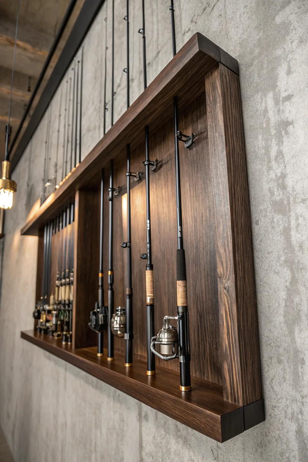 Transform your fishing gear into a work of art with this elegant floating shelf display.