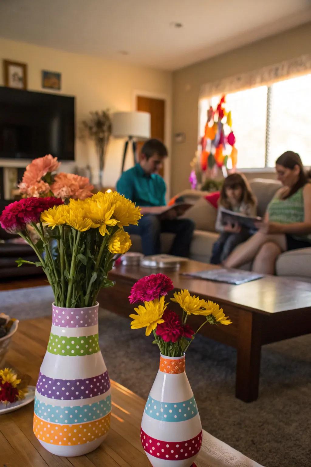 Colorful tapes add a whimsical touch to vase decor.