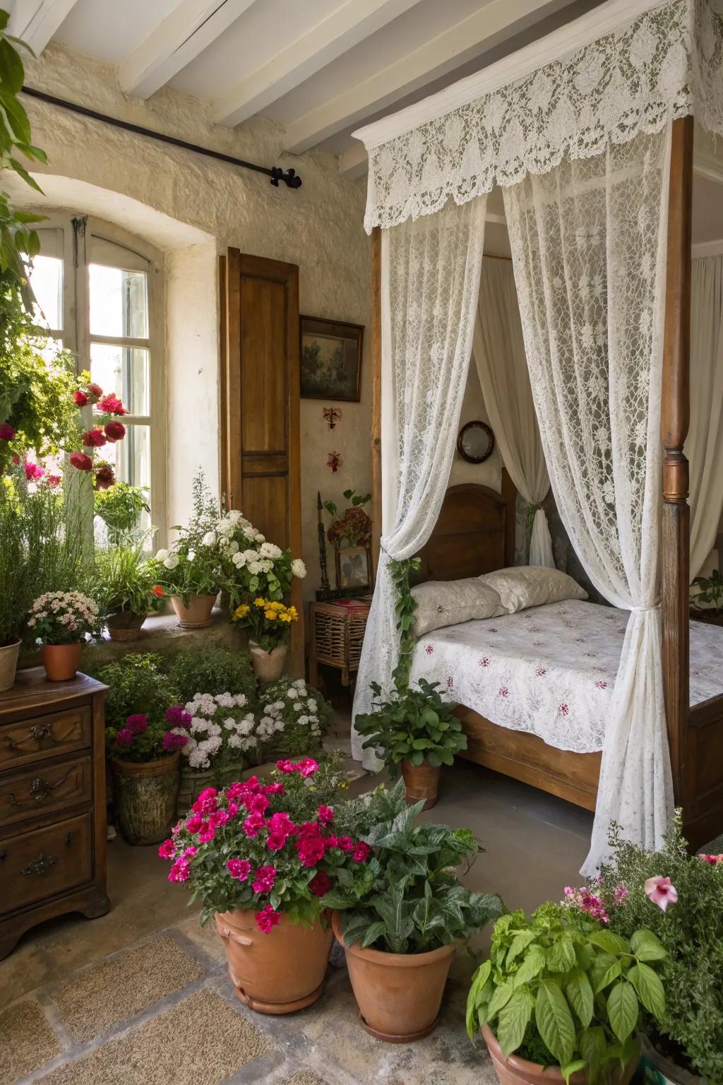 Lush greenery adds life and freshness to this French bedroom.