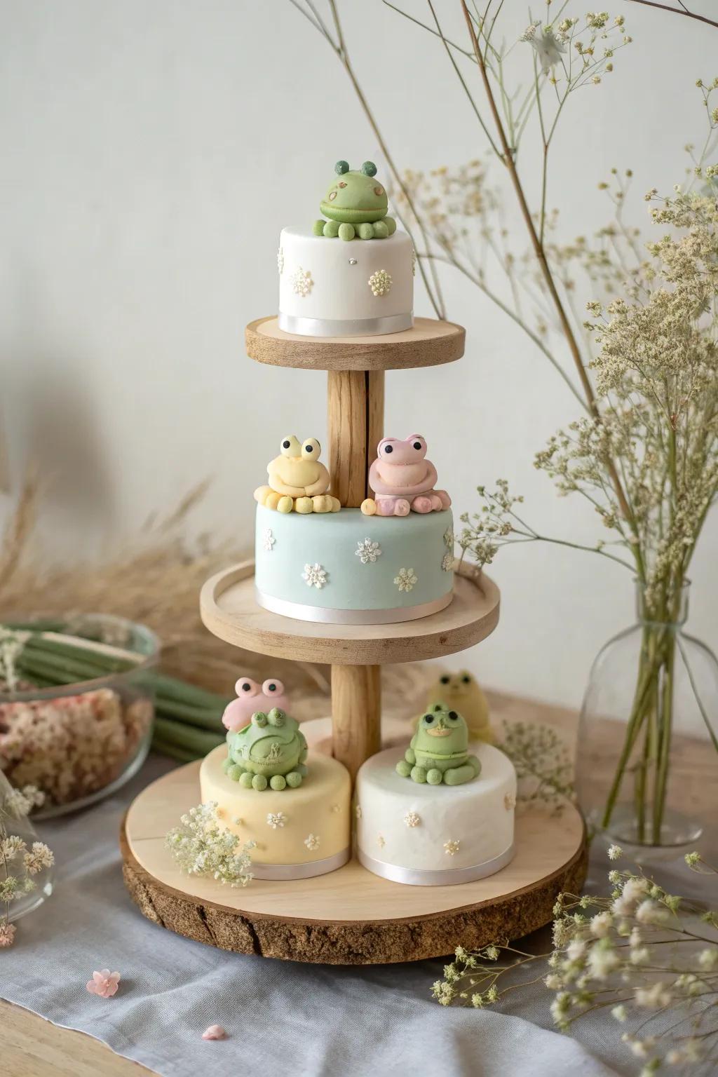 Celebrate with a whimsical touch: a stunning frog cake tower for your grand occasion.