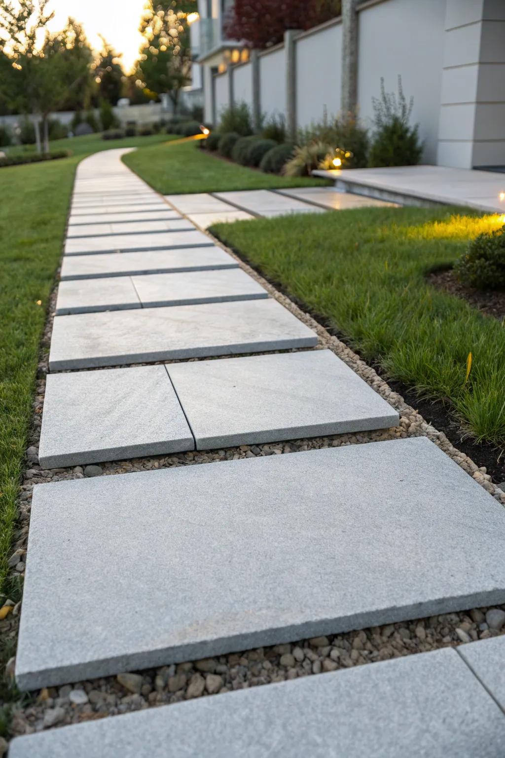 Embrace simplicity with a minimalist stepping stone walkway that exudes timeless elegance.