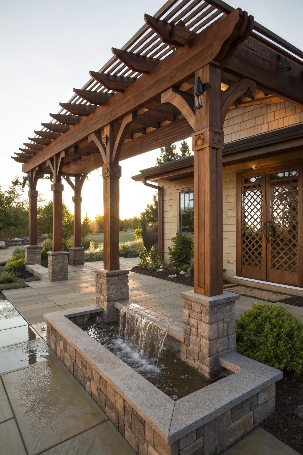 Experience tranquility with a pergola and water feature that transforms your porch into an oasis of craftsmanship and serenity.