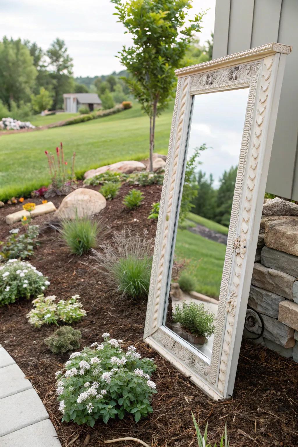Transform your garden with reflective charm: mirrors and mulch for a spacious oasis. 🌿✨
