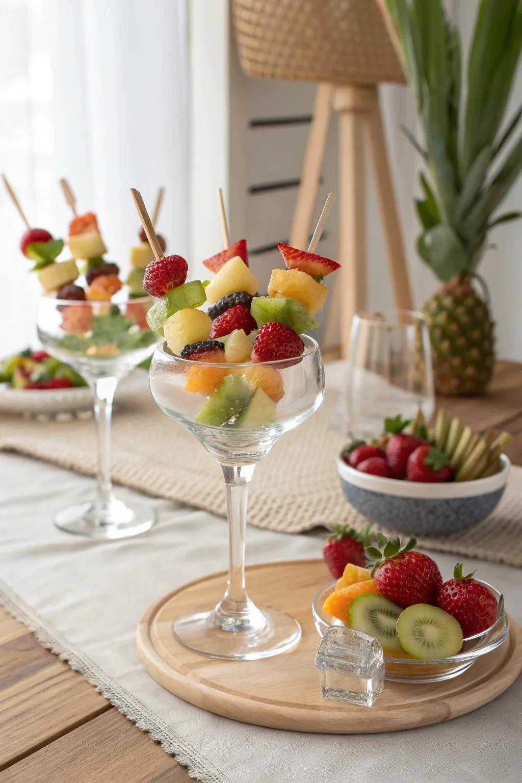 Elevate your gatherings with chic fruit kabobs in glamorous cocktail glasses. Simple elegance meets natural beauty.