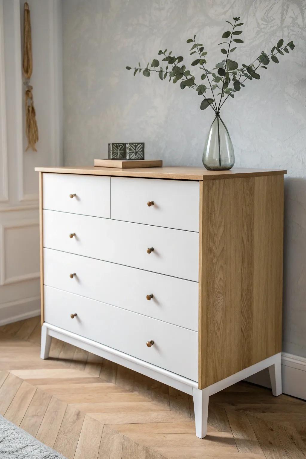 Elevate your space with a chic two-toned dresser that balances simplicity and style.