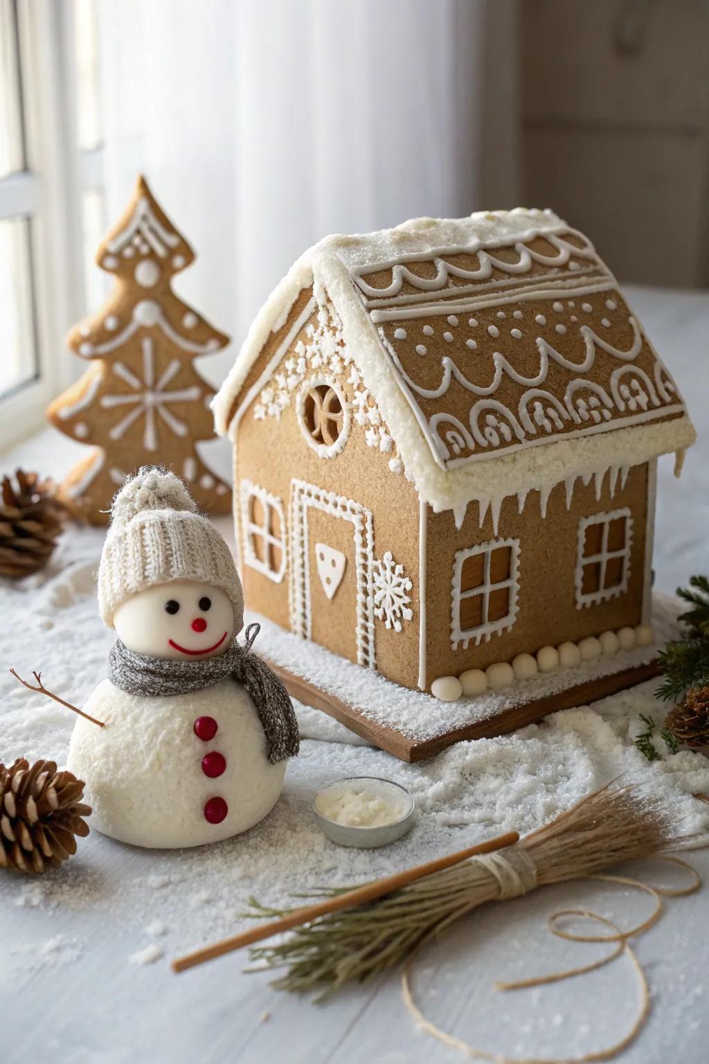 Delight in the simple beauty of a gingerbread house, adorned with a whimsical marshmallow snowman, perfect for a cozy winter's day.