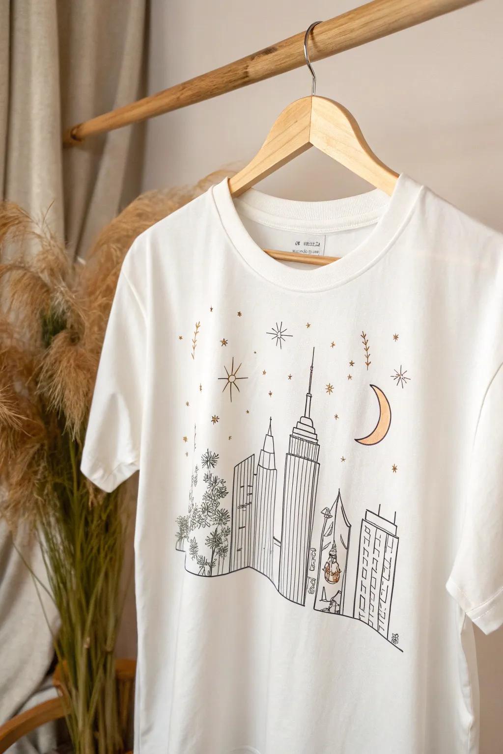 Celebrate your journey with a touch of elegance: Your city's illuminated skyline on a minimalist tee.