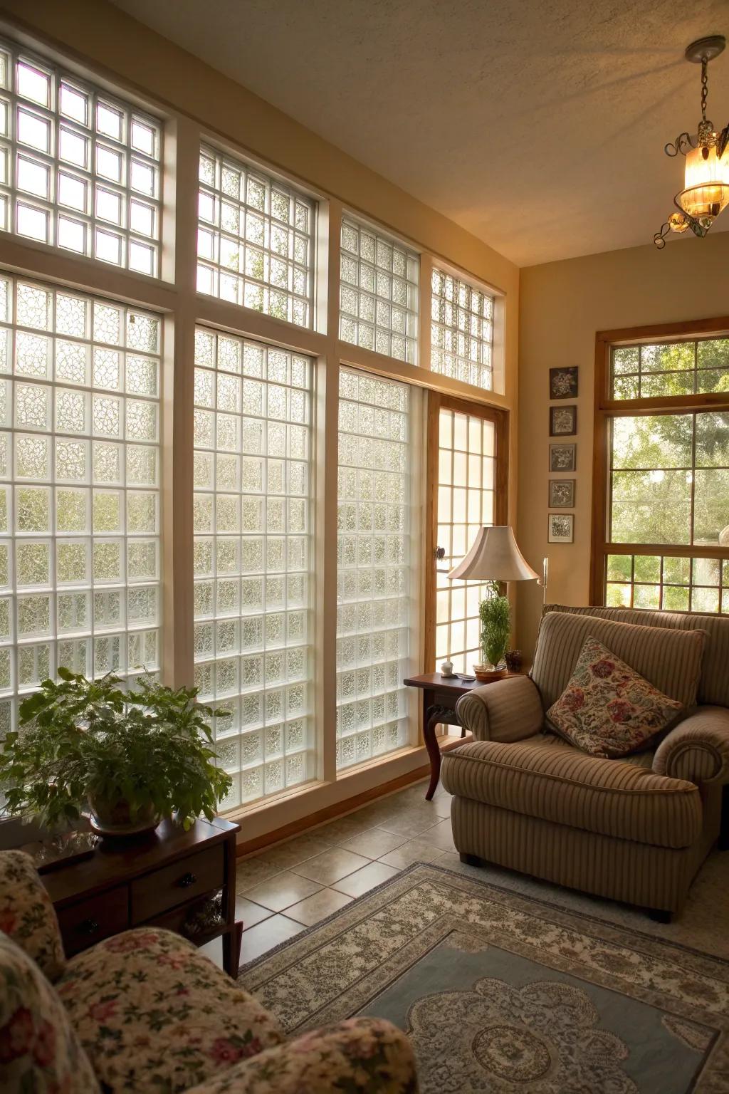 Glass block windows maintain privacy and light in this inviting living room.