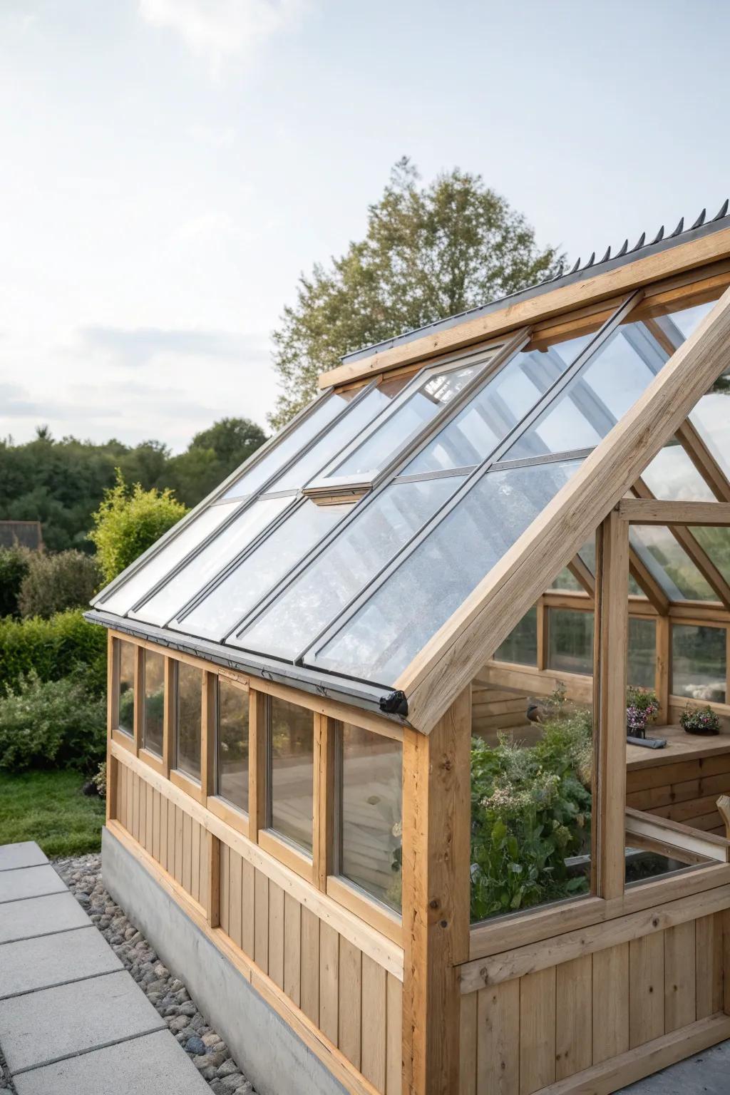 Embrace sustainable elegance with a recycled glass greenhouse roof, where simplicity meets nature's beauty.