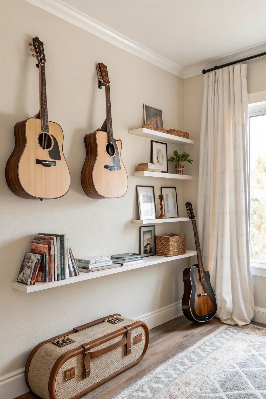 Magic in Minimalism: Discover the elegance of invisible floating shelves for your guitar cases.