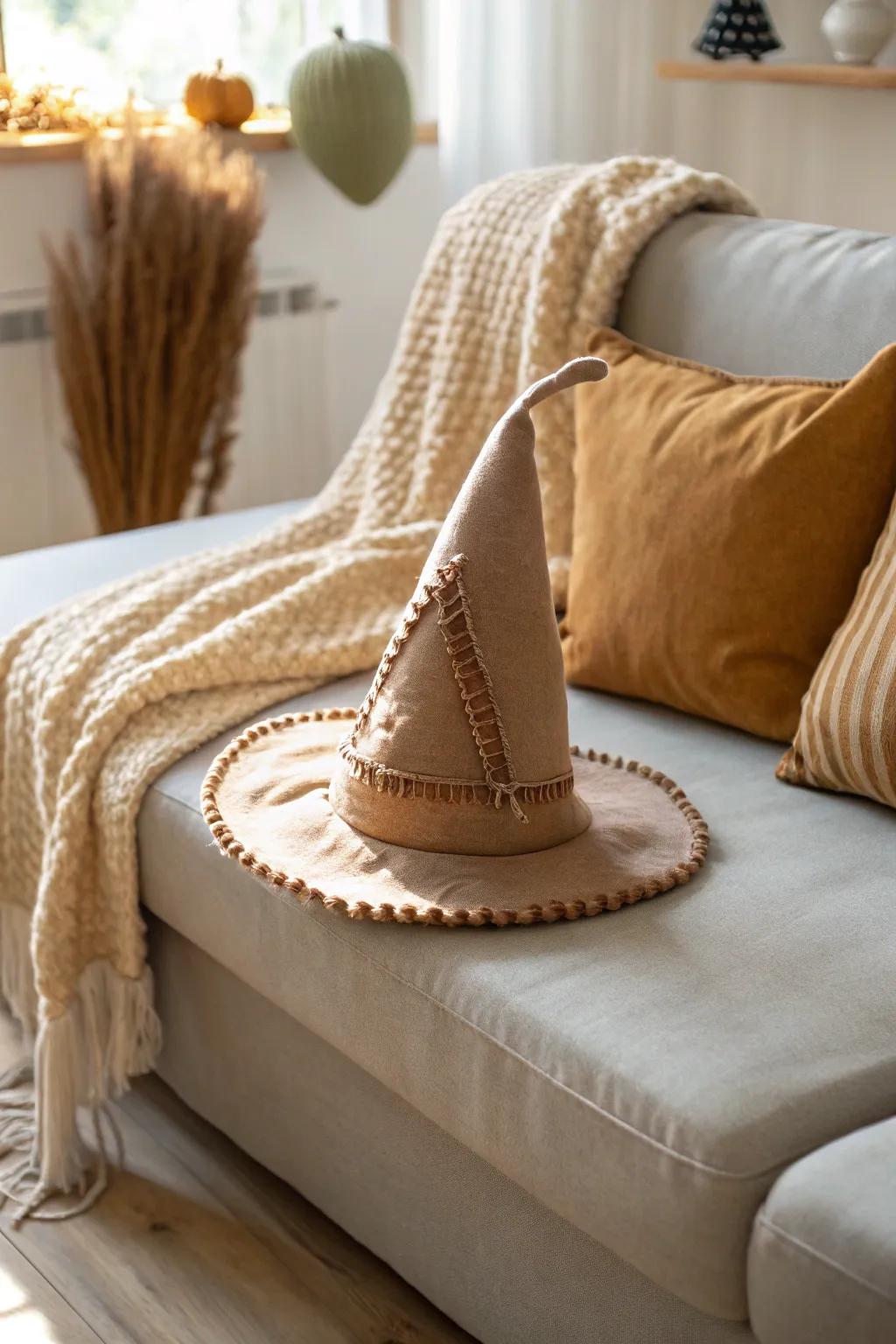 Elevate your Halloween decor with a touch of minimalistic charm and boho flair – the handcrafted witch hat pillow.