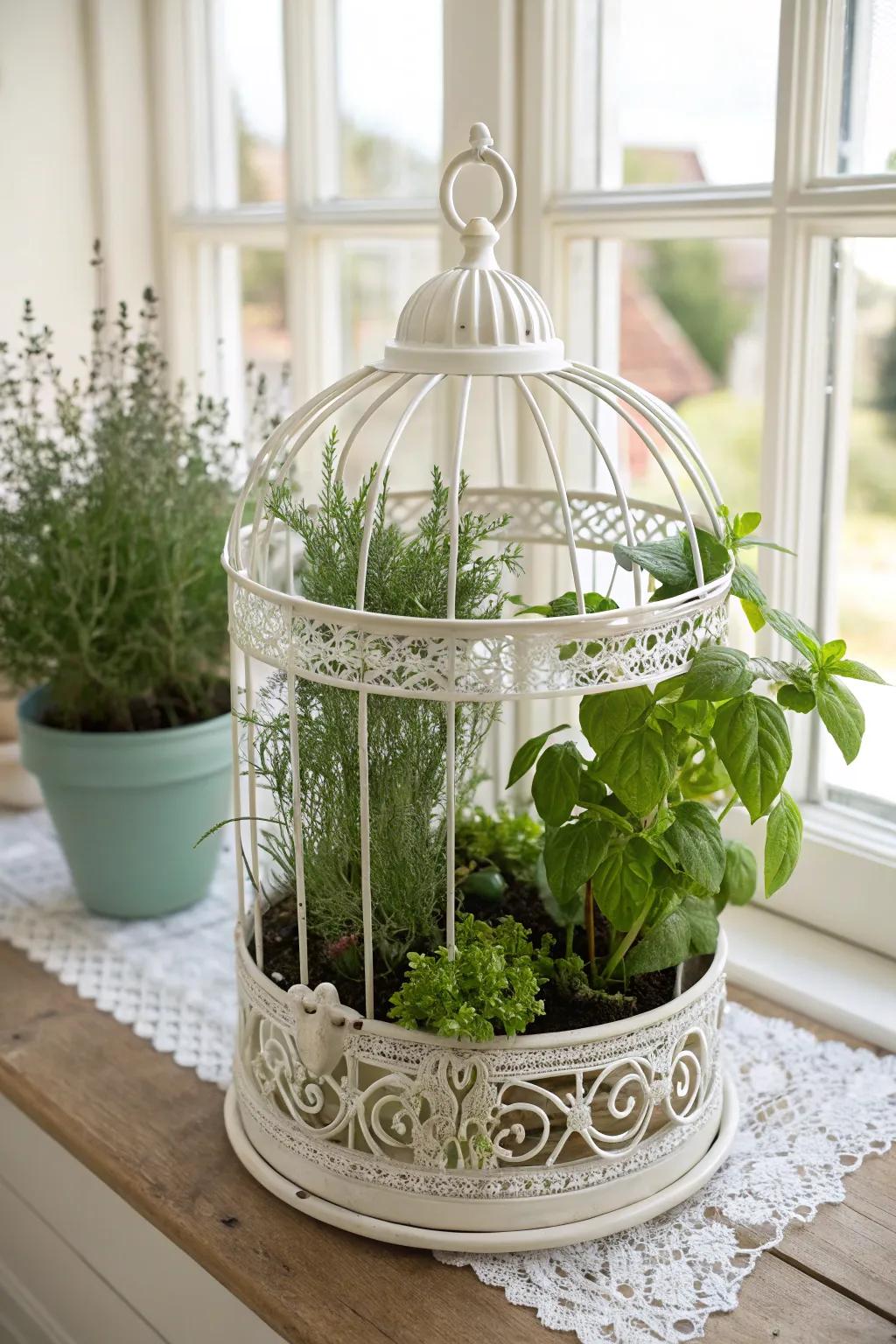 Breathe new life into a vintage birdcage with a flourishing herb garden—where simplicity meets natural elegance.